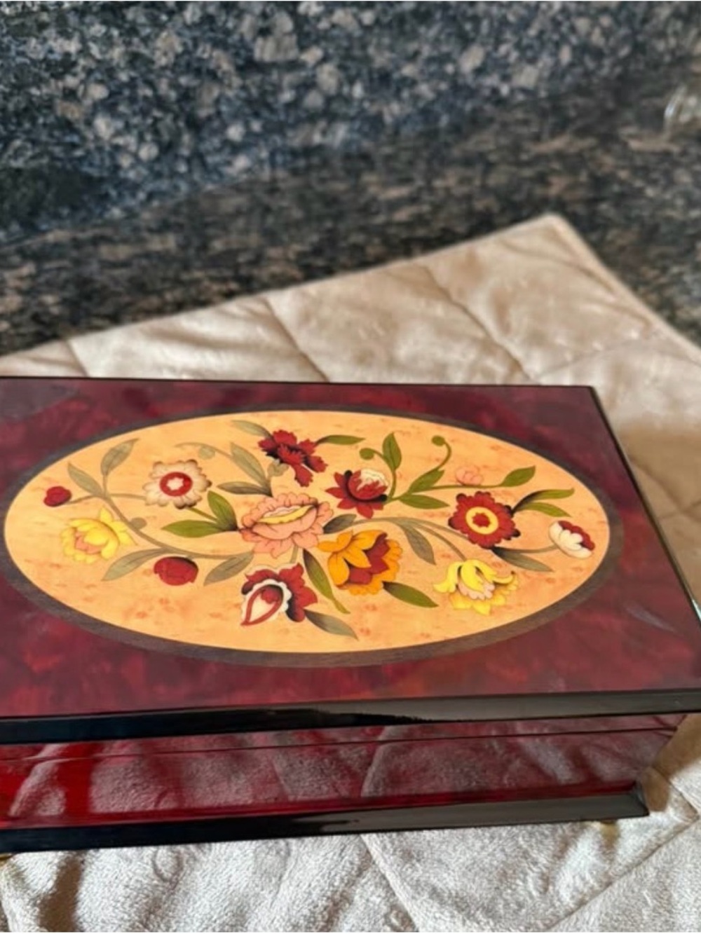 Hand-Painted Floral Inlay Jewelry Box - Deep Red